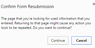 Confirm Form Resubmission? Continue / Cancel 