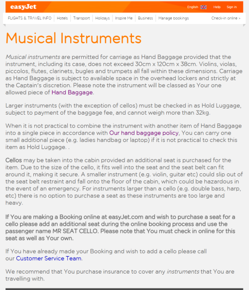 Easyjet musical instrument policy