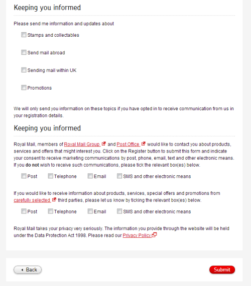 Royal Mail's opt in/out page