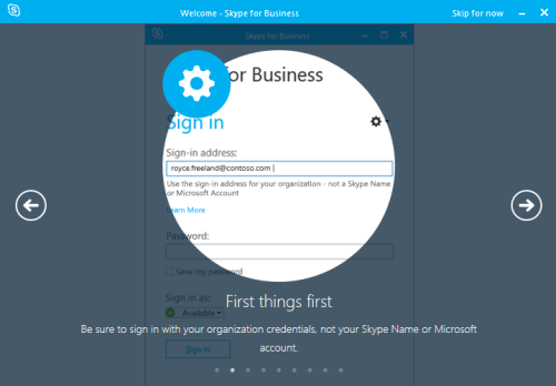 First things first. Be sure to sign in with your organization credentials, not your Skype Name or Microsoft account