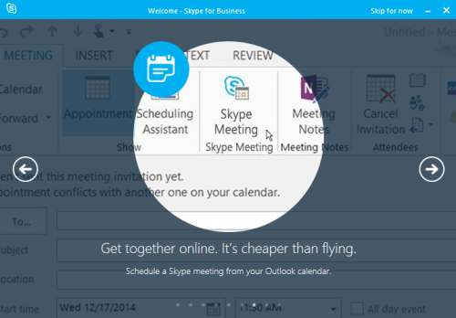 Get togther online. It's cheaper than flying. Schedule a Skype meeting from your Outlook calendar